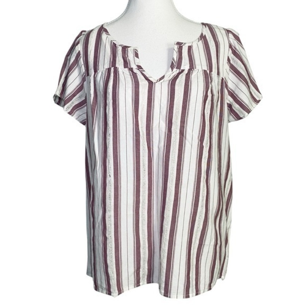 New Directions Burgandy & White Striped Short Sleeve Top
